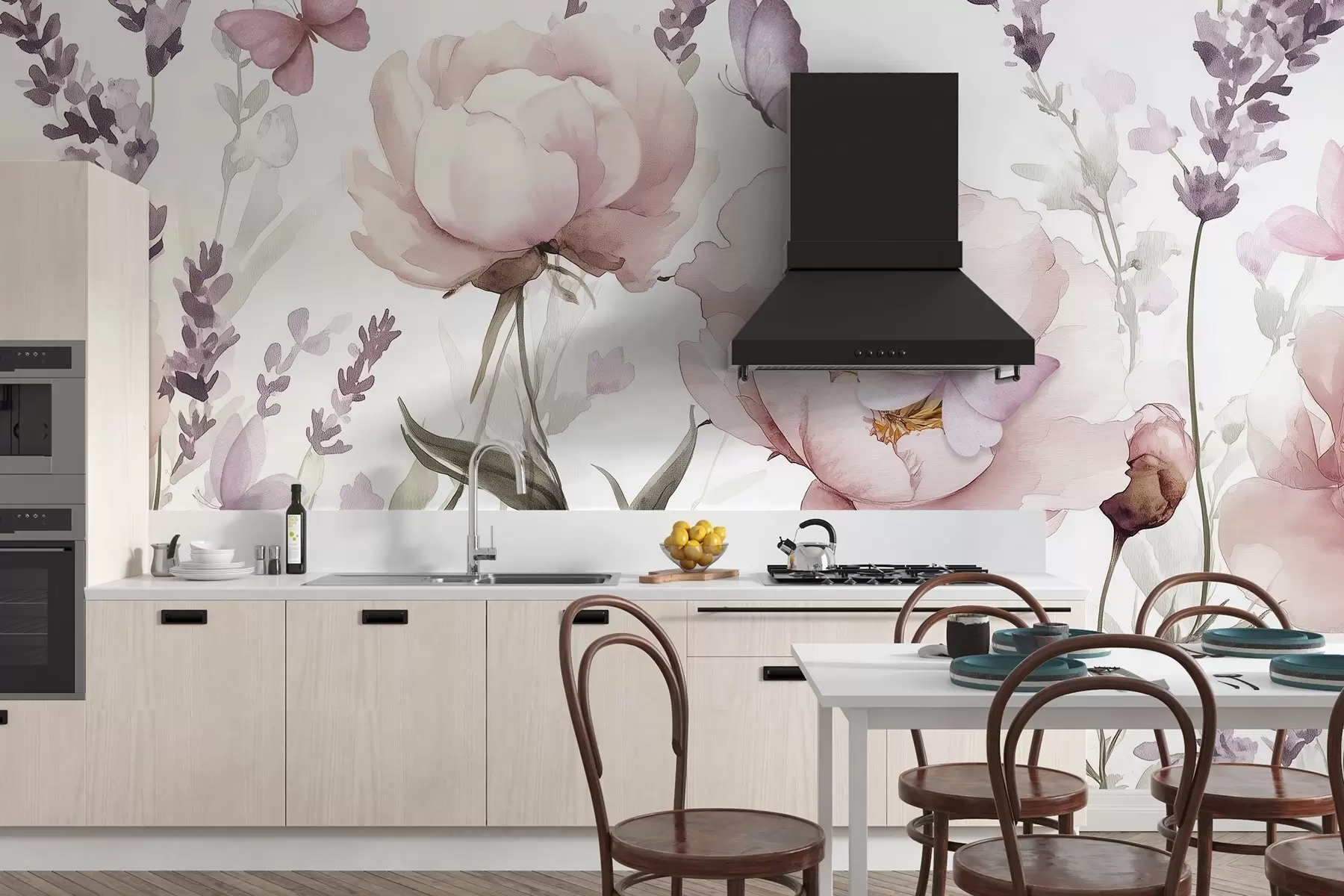 wall murals Цветна ливада, божури, лаванда, лептири, акварел стил, розе боје w03668