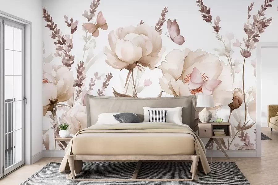 wall murals Цветна ливада, божури, лаванда, лептири, акварел стил, беж боје w03668v2