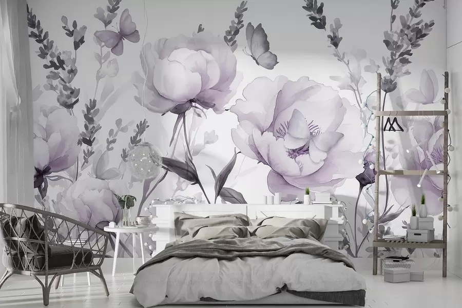 wall murals Цветна ливада, божури, лаванда, лептири, акварел стил, љубичасте боје w03668v3