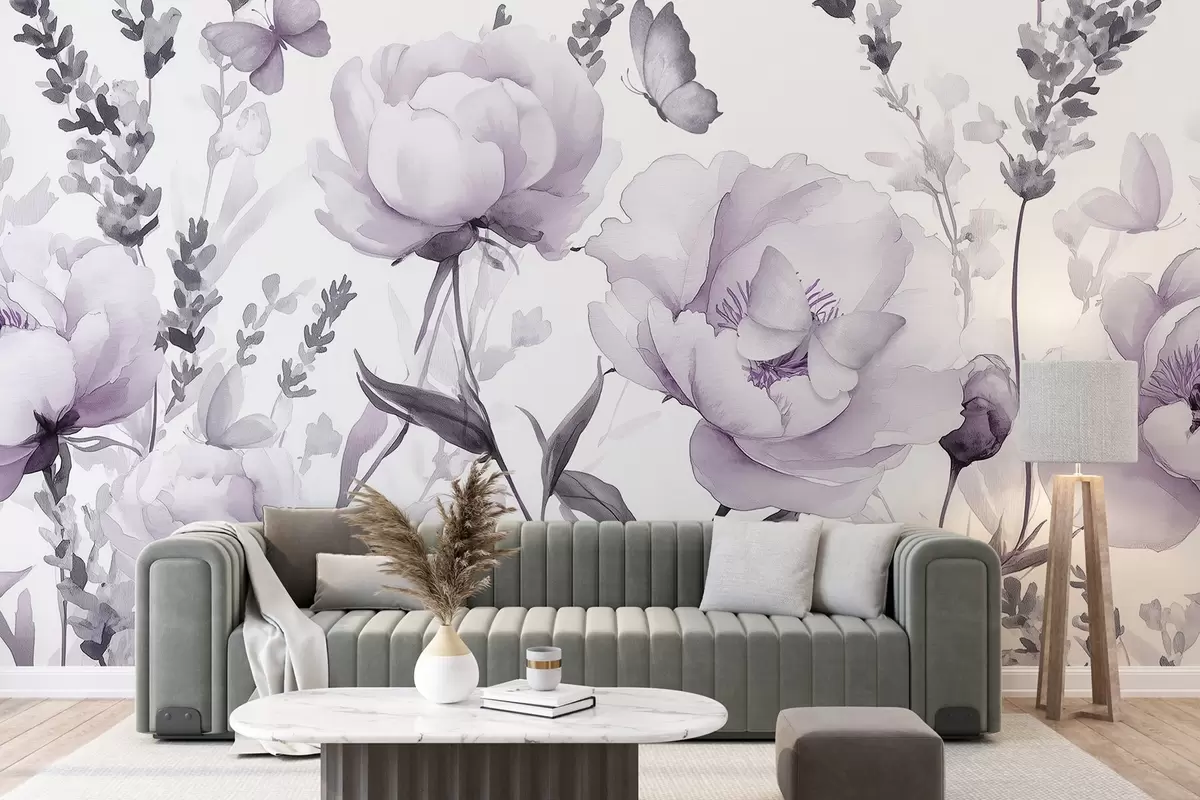 wall murals Цветна ливада, божури, лаванда, лептири, акварел стил, љубичасте боје w03668v3