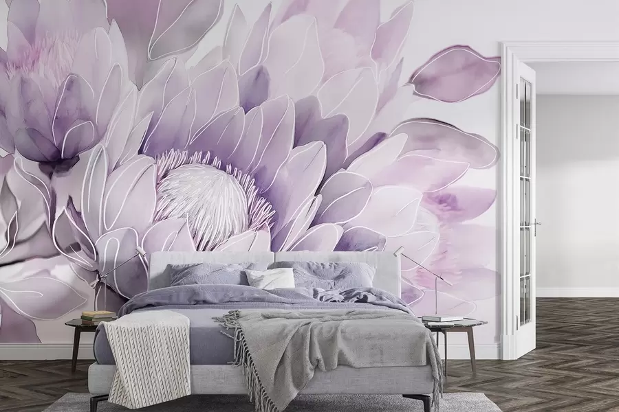 wall murals Прелепо цвеће протеа, уметнички цртеж, тропске, љубичасте боје w03669v1