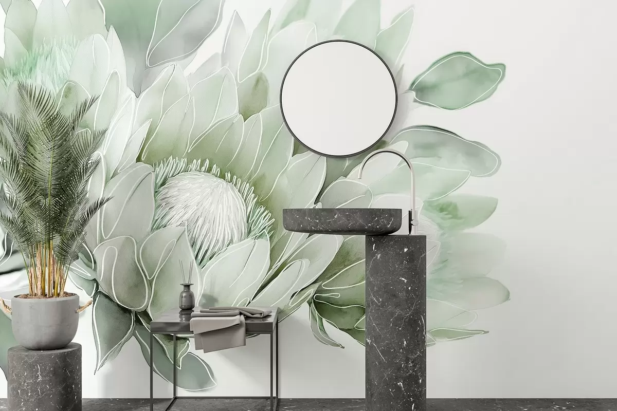 wall murals Прелепо цвеће протеа, уметнички цртеж, тропске, зелене боје w03669v2