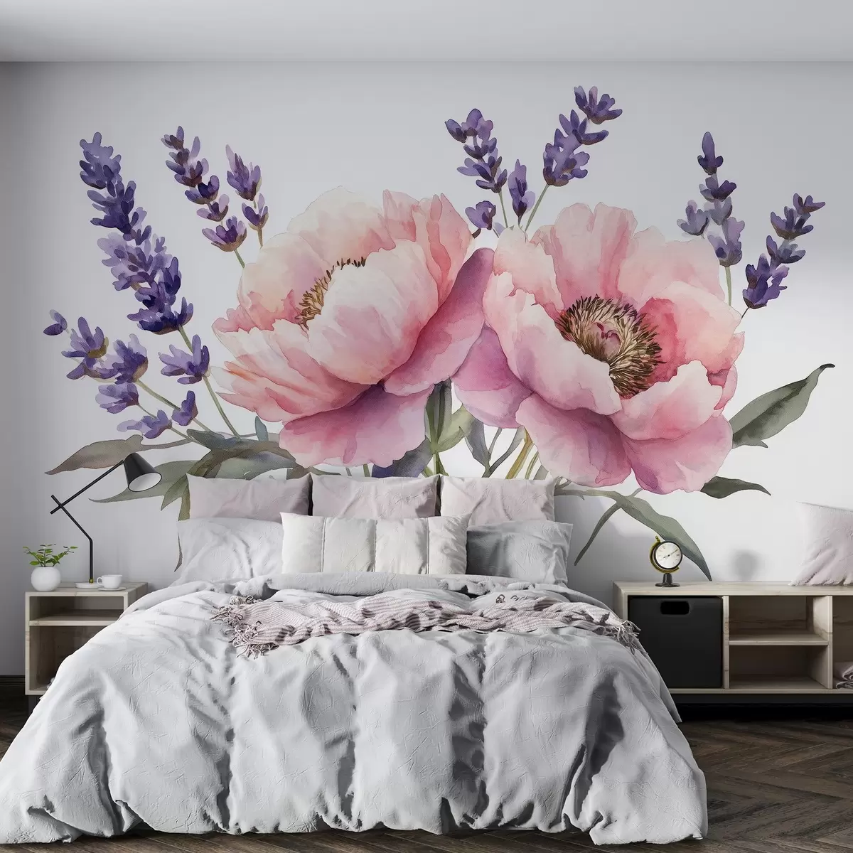 wall murals Божури у стилу акварела, лаванда, цвеће, природне боје w03671