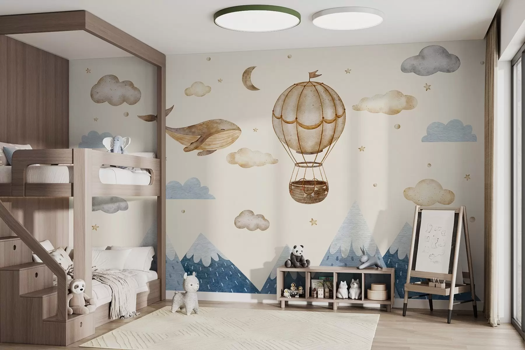 wall murals Ваздушни балон, слатки кит, звездано небо, планине, акварел, плаве и беж боје w03672