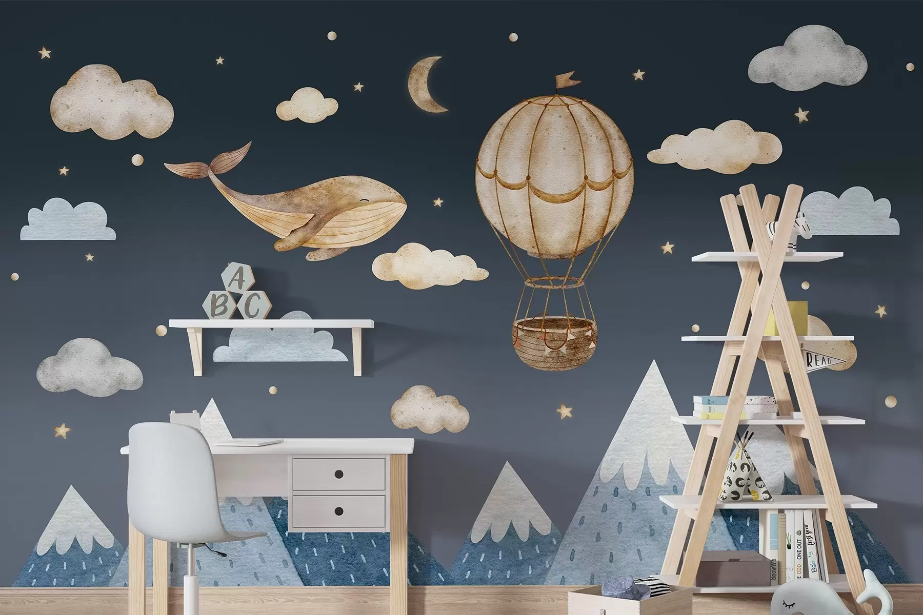 wall murals Ваздушни балон, слатки кит, тамно звездано небо, планине, акварел, плаве и беж боје w03672v1
