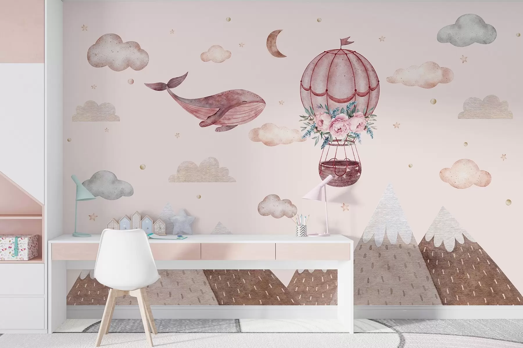 wall murals Слатки кит са ваздушним балоном, небо са облацима, планине, акварел стил, розе боје w03673