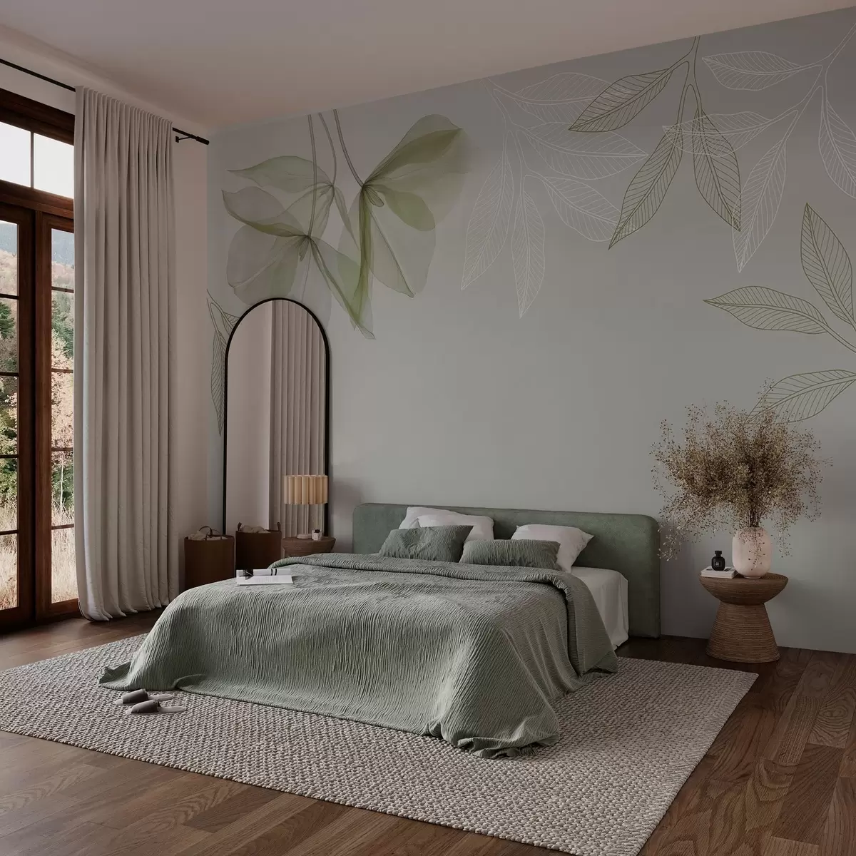 wall murals нежни провидни цветови и листови у каки тоновима w03616v2