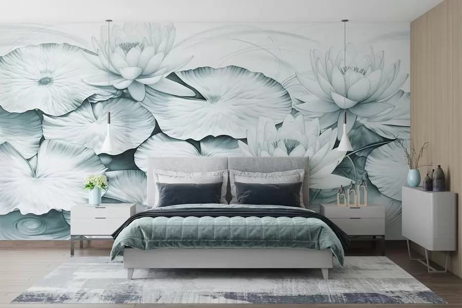 wall murals Локвањи и јастучићи љиљана у рибњаку, тиркизна и бела имитација цртежа оловком, детаљна ботаничка илустрација, уметност природе w09006v1