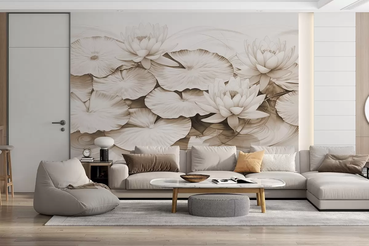 wall murals Локвањи и јастучићи љиљана у језеру, браон и бела имитација цртежа оловком, детаљна ботаничка илустрација, уметност природе w09006v2