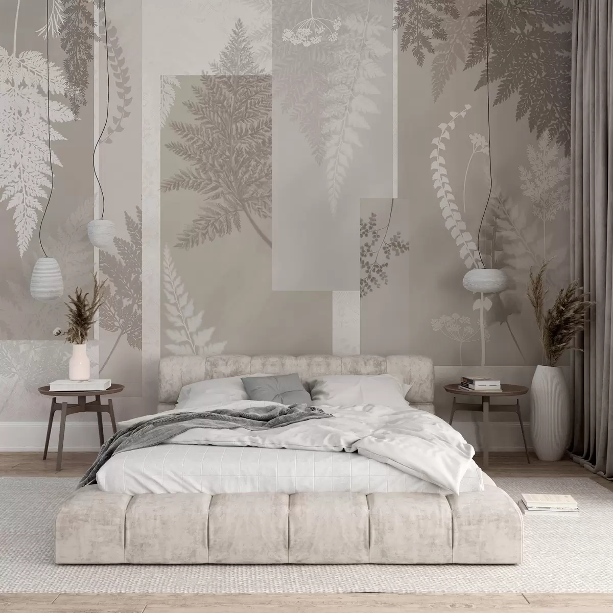 wall murals Листови папрати у беж и белој боји, поређани у вертикалне пруге, стварајући ботанички и минималистички принт, меких и пригушених боја w09007