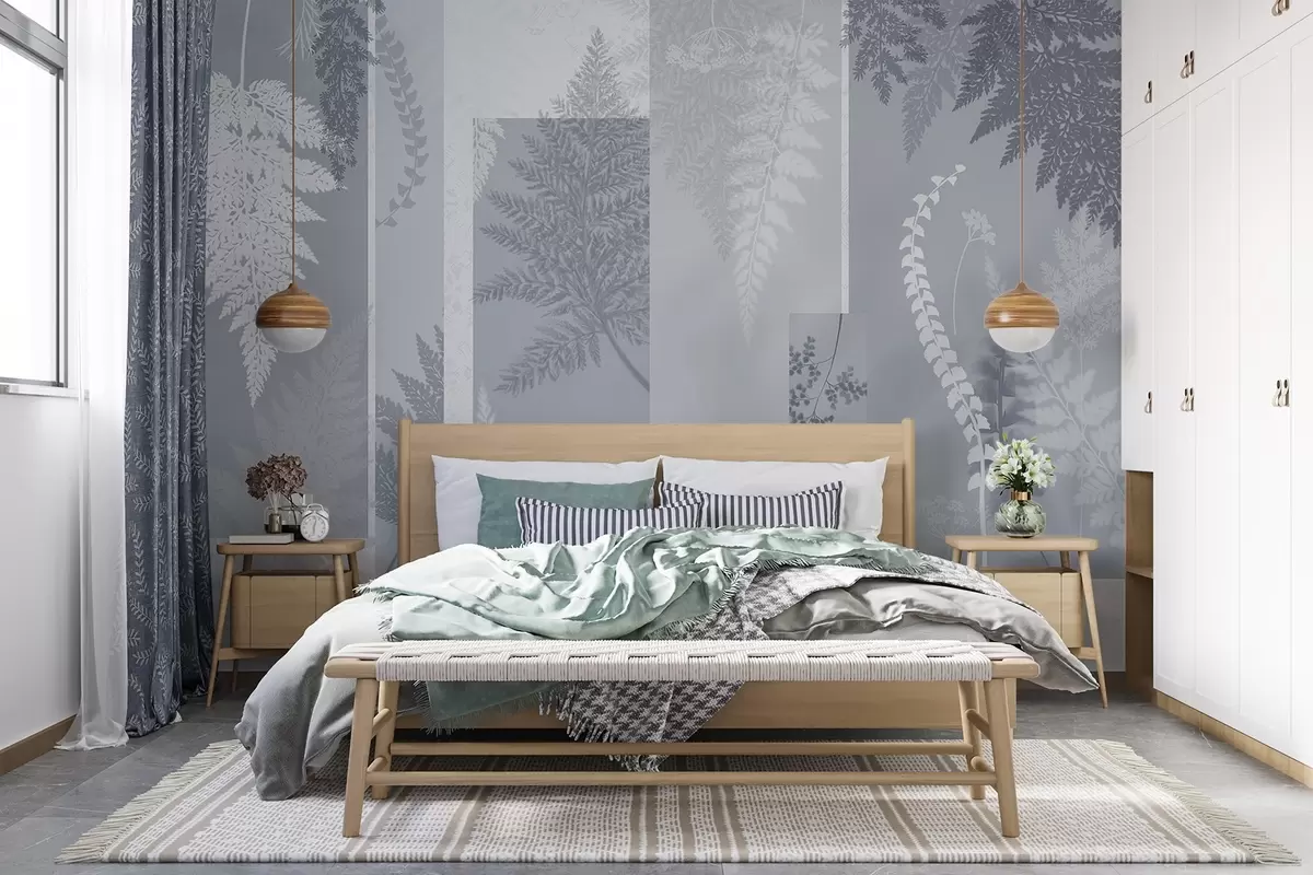 wall murals Листови папрати у плавој и белој боји, поређани у вертикалне пруге, стварајући ботанички и минималистички принт, меких и пригушених боја w09007v1