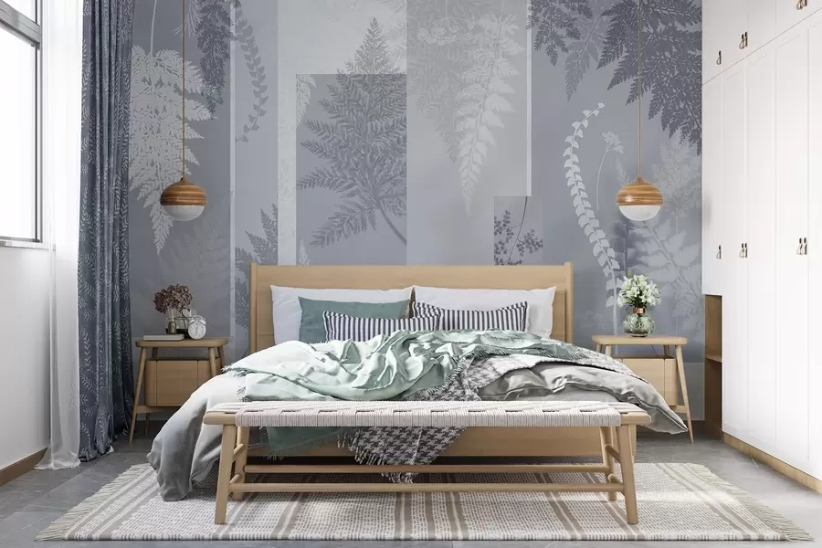 wall murals Листови папрати у плавој и белој боји, поређани у вертикалне пруге, стварајући ботанички и минималистички принт, меких и пригушених боја w09007v1