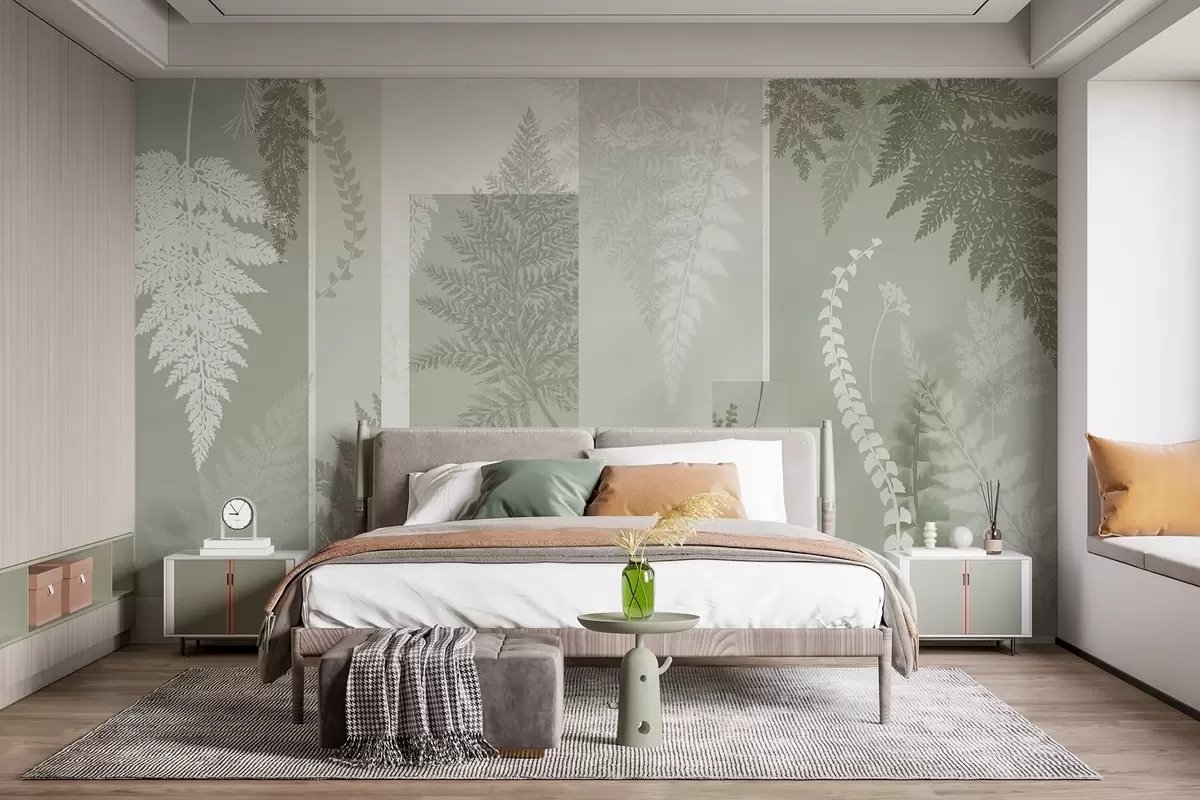 wall murals Листови папрати у зелено-белој боји, поређани у вертикалне пруге, стварајући ботанички и минималистички принт, меких и пригушених боја w09007v2