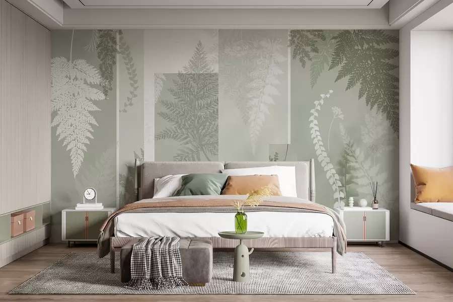 wall murals Листови папрати у зелено-белој боји, поређани у вертикалне пруге, стварајући ботанички и минималистички принт, меких и пригушених боја w09007v2