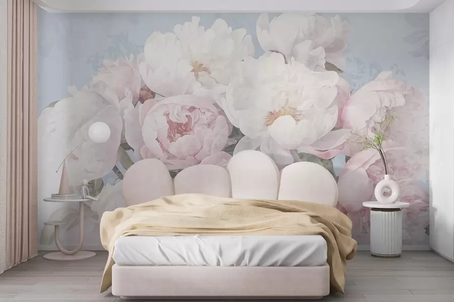 wall murals Текстурирани апстрактни ружичасти и бели божури са зеленим листовима, светло плава позадина, меке и деликатне боје, винтаге стил w09008