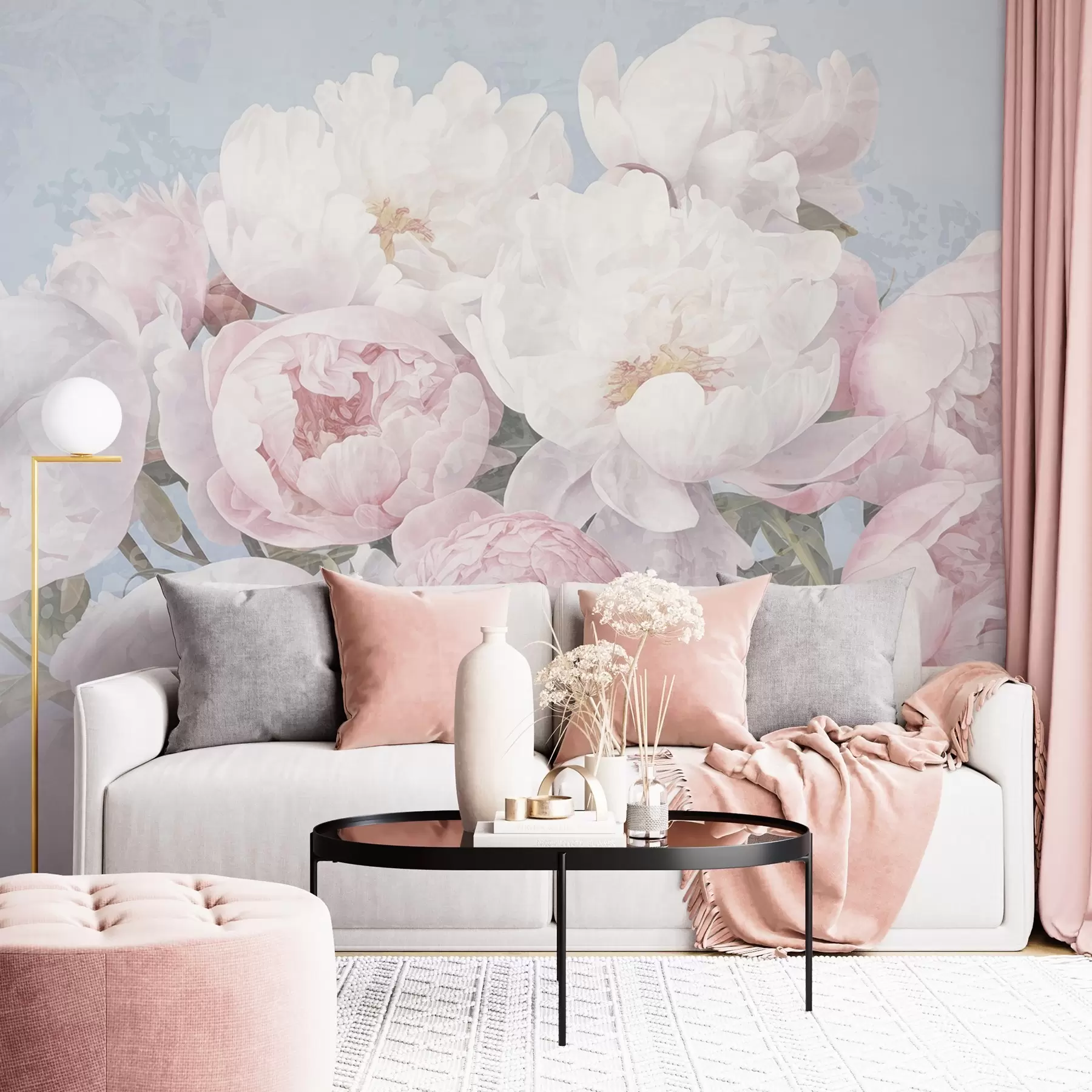wall murals Текстурирани апстрактни ружичасти и бели божури са зеленим листовима, светло плава позадина, меке и деликатне боје, винтаге стил w09008