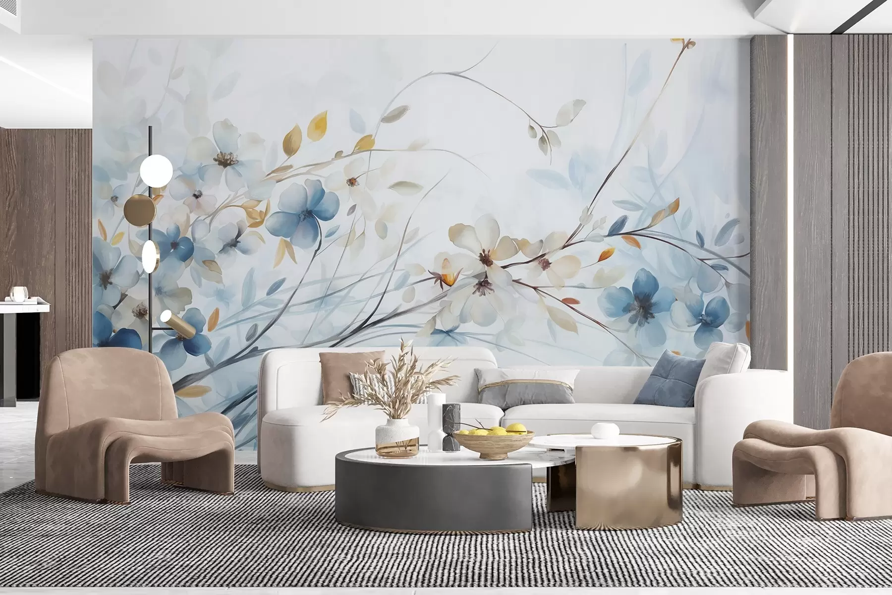 wall murals Цветни аранжман са плавим, наранџастим листовима и белим цветовима, деликатним латицама, танким гранама, нежним бојама, ефектом акварела w09009