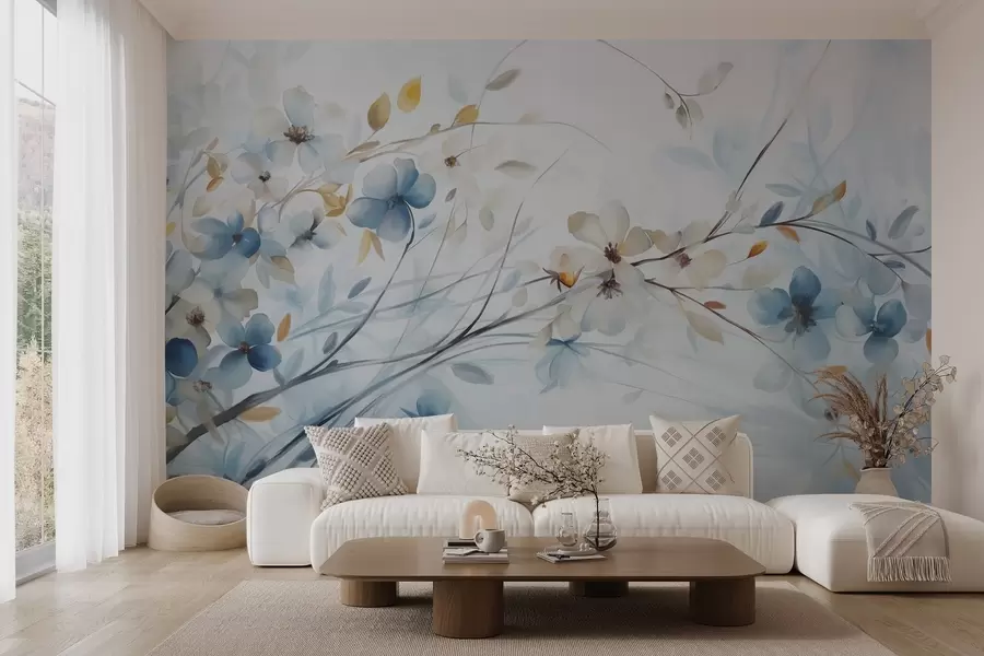 wall murals Цветни аранжман са плавим, наранџастим листовима и белим цветовима, деликатним латицама, танким гранама, нежним бојама, ефектом акварела w09009
