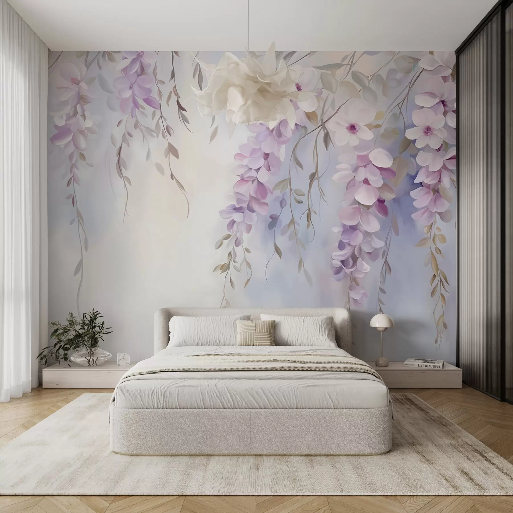 wall murals Цвеће глициније са латицама јоргована и зеленим листовима који виси са грана, нежне пастелне боје, пастелна позадина w09010