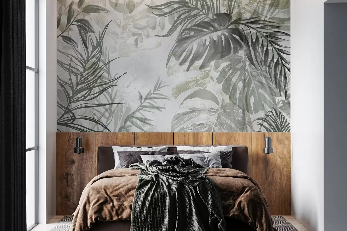 wall murals Монстера и палмино лишће у нијансама зелене и сиве, ботаничко, тропско лишће, биљке у џунгли, текстурирана позадина w09011