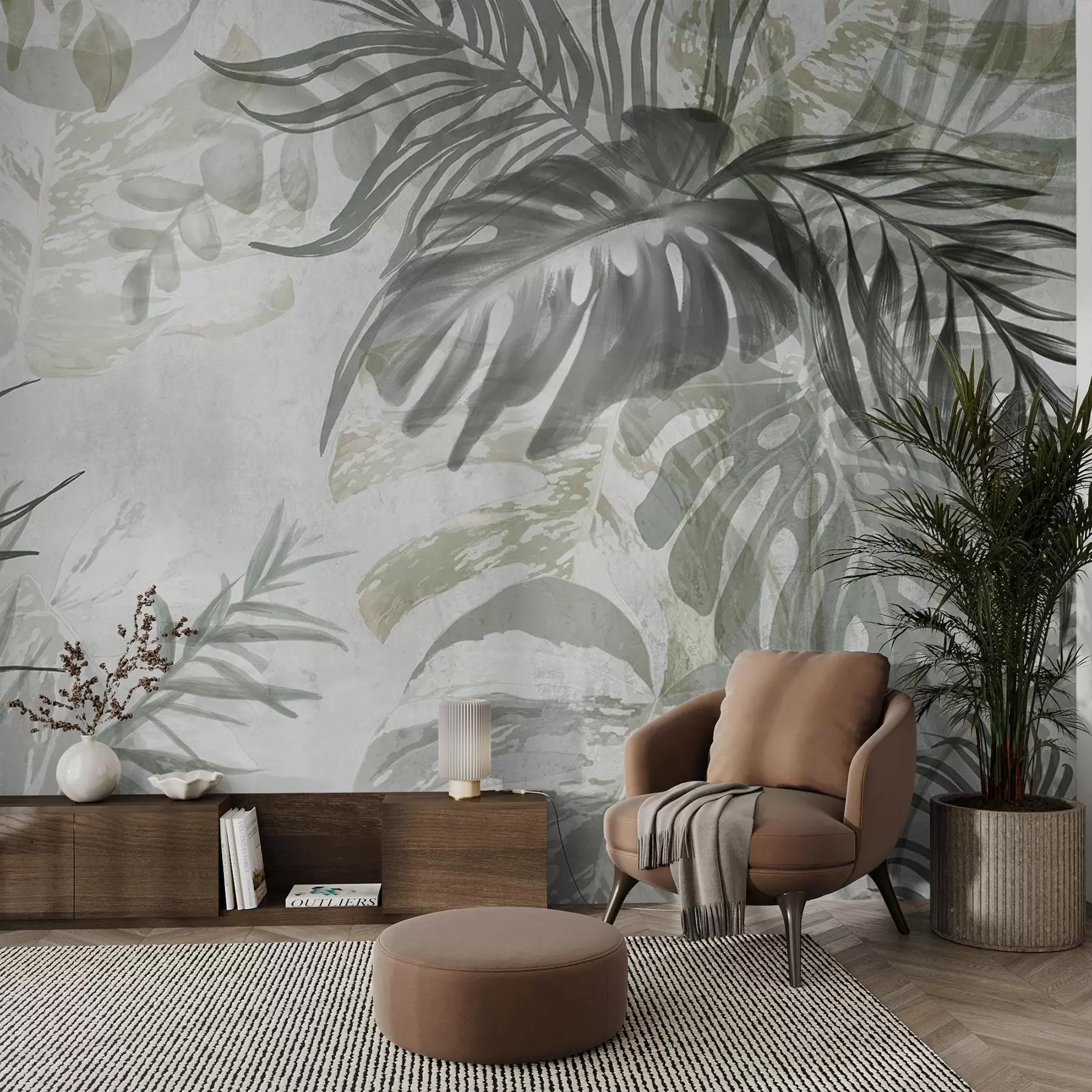 wall murals Монстера и палмино лишће у нијансама зелене и сиве, ботаничко, тропско лишће, биљке у џунгли, текстурирана позадина w09011