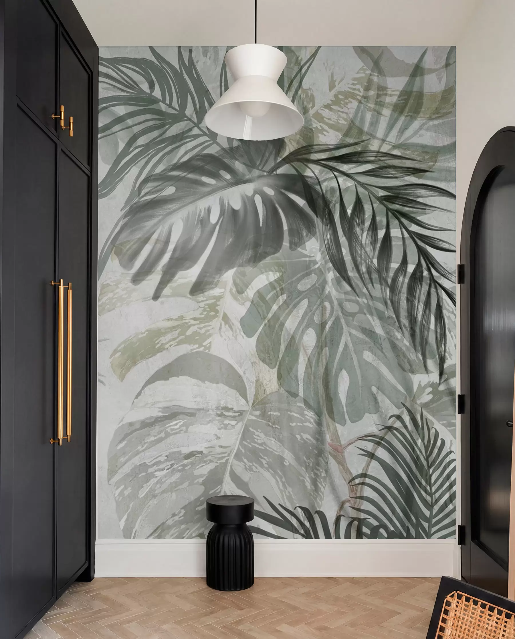 wall murals Монстера и палмино лишће у нијансама зелене и сиве, ботаничко, тропско лишће, биљке у џунгли, текстурирана позадина w09011