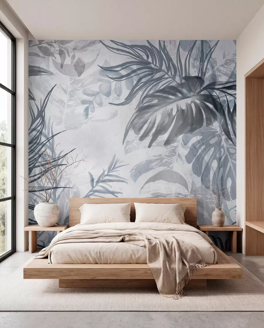 wall murals Монстера и палмино лишће у нијансама плаве и сиве, ботаничко, тропско лишће, биљке у џунгли, текстурирана позадина w09011v1