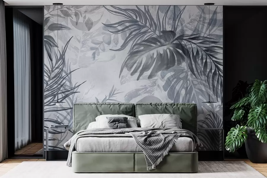 wall murals Монстера и палмино лишће у нијансама плаве и сиве, ботаничко, тропско лишће, биљке у џунгли, текстурирана позадина w09011v1