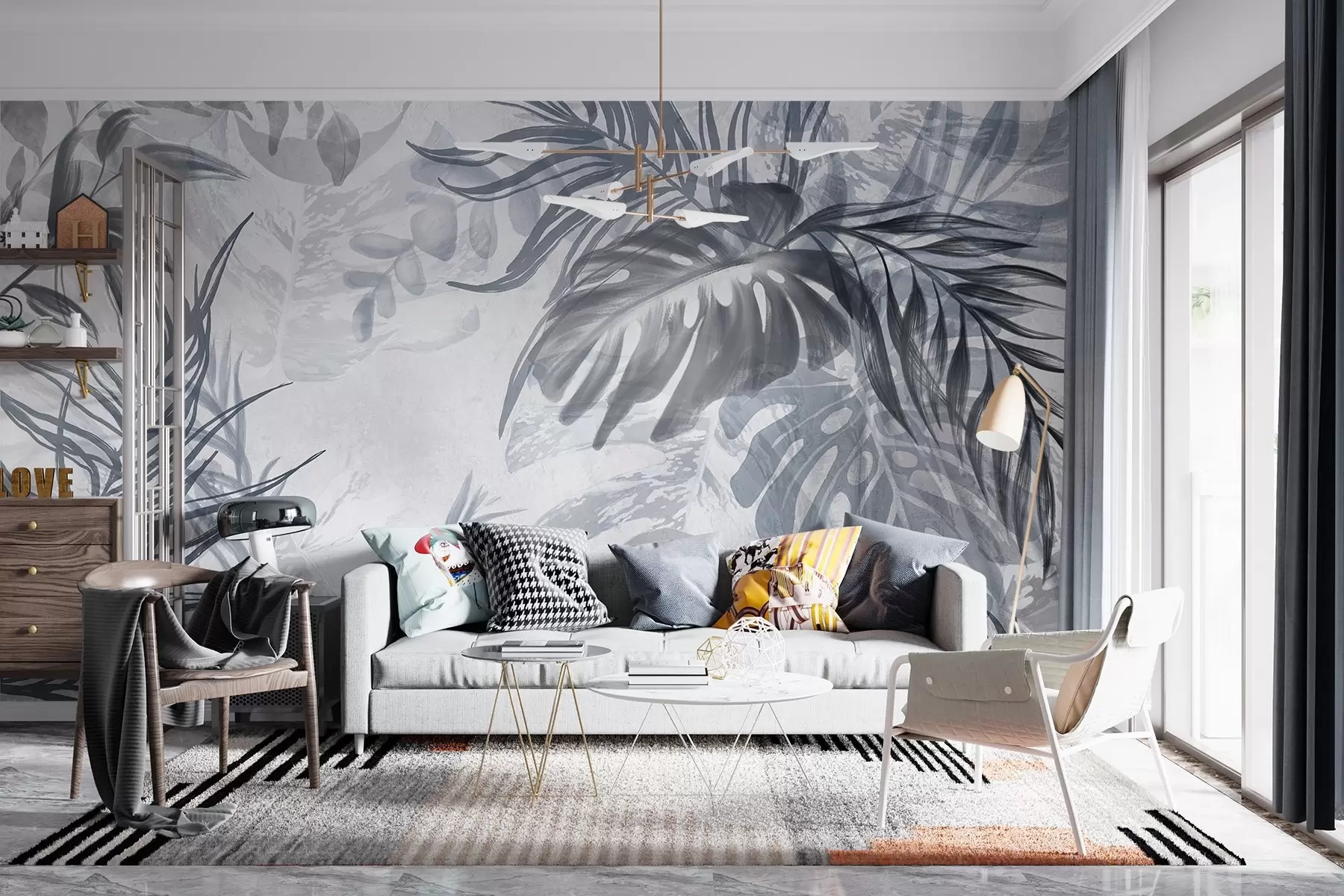 wall murals Монстера и палмино лишће у нијансама плаве и сиве, ботаничко, тропско лишће, биљке у џунгли, текстурирана позадина w09011v1