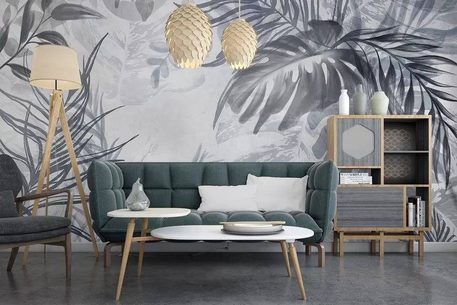 wall murals Монстера и палмино лишће у нијансама плаве и сиве, ботаничко, тропско лишће, биљке у џунгли, текстурирана позадина w09011v1