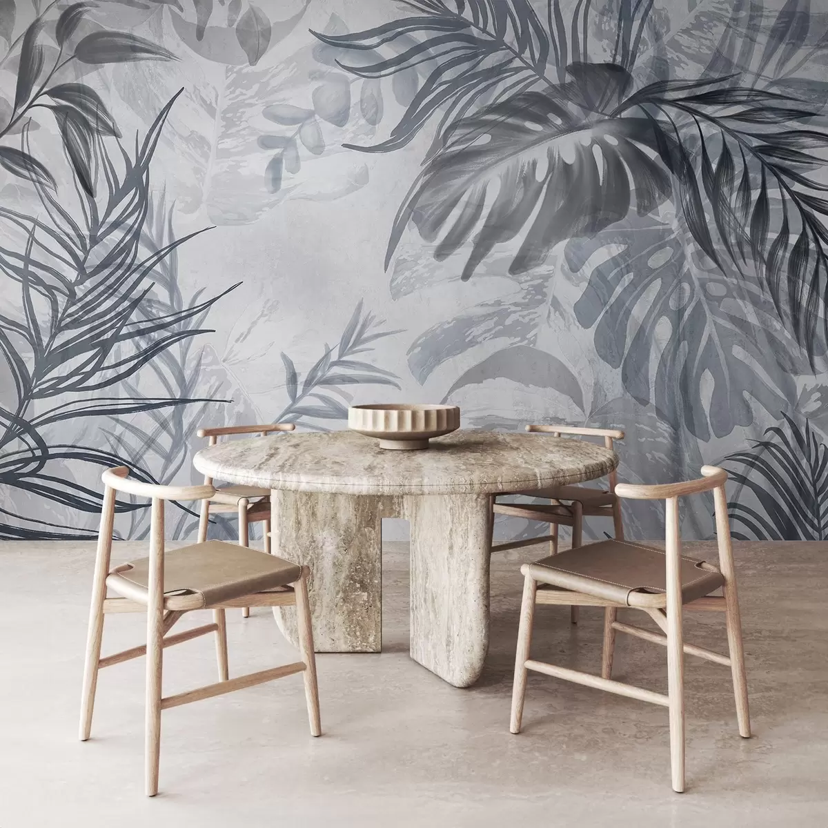 wall murals Монстера и палмино лишће у нијансама плаве и сиве, ботаничко, тропско лишће, биљке у џунгли, текстурирана позадина w09011v1