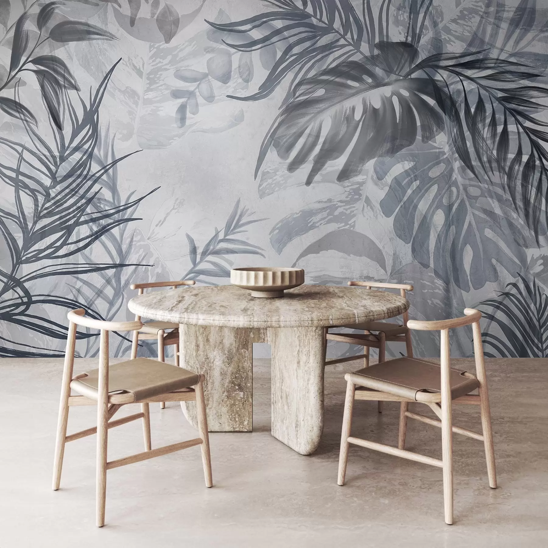 wall murals Монстера и палмино лишће у нијансама плаве и сиве, ботаничко, тропско лишће, биљке у џунгли, текстурирана позадина w09011v1