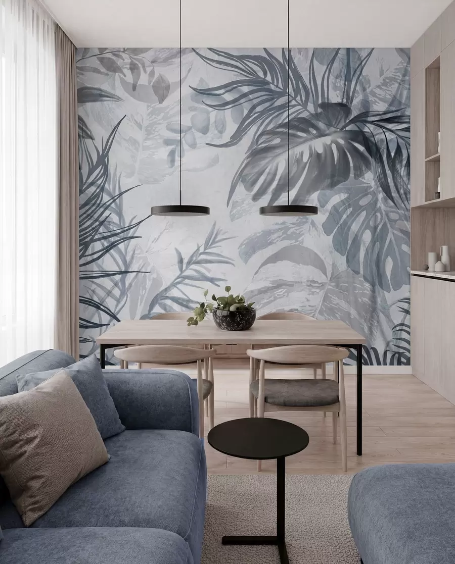 wall murals Монстера и палмино лишће у нијансама плаве и сиве, ботаничко, тропско лишће, биљке у џунгли, текстурирана позадина w09011v1