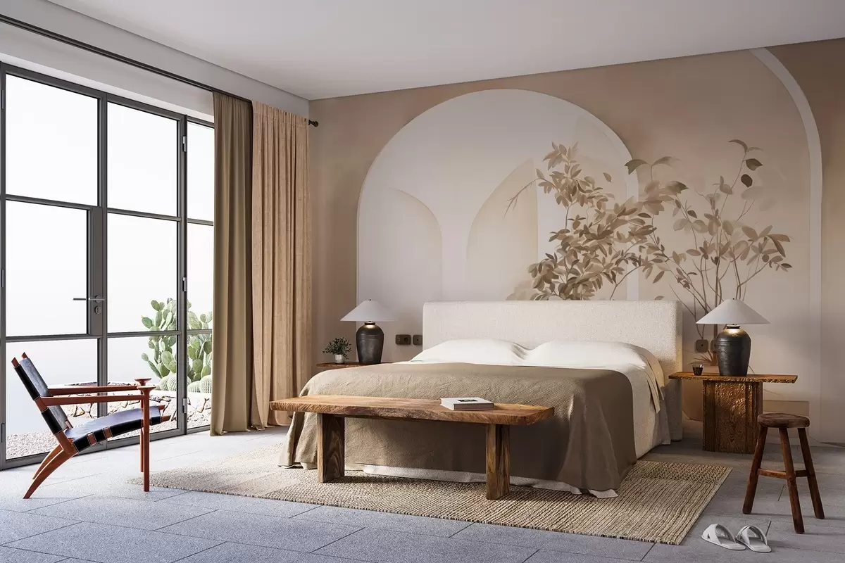 wall murals Биљке у саксијама са беж тоновима испред апстрактних лукова, минималистички стил, елегантна и чиста, неутрална позадина w09013