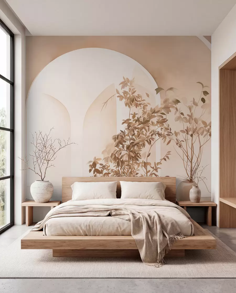 wall murals Биљке у саксијама са беж тоновима испред апстрактних лукова, минималистички стил, елегантна и чиста, неутрална позадина w09013