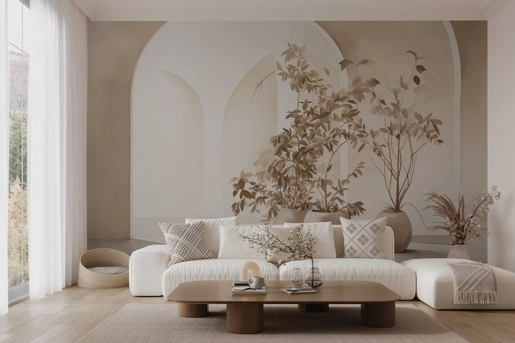 wall murals Биљке у саксијама са беж тоновима испред апстрактних лукова, минималистички стил, елегантна и чиста, неутрална позадина w09013