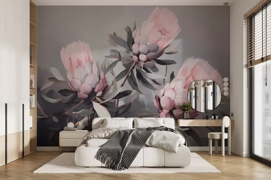 wall murals Розе протеа апстрактно цвеће са сивим листовима, меким потезима четкице, пригушеним бојама, на замућеној сивој позадини w09014