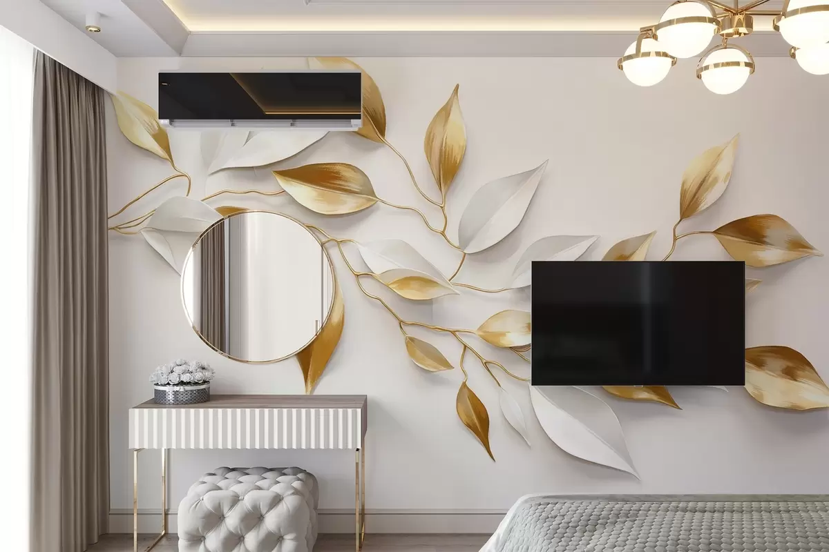 wall murals Жуто и бело лишће на грани, елегантан дизајн, бела позадина, минималистички стил, декоративна уметност, инспирисан природом w09015