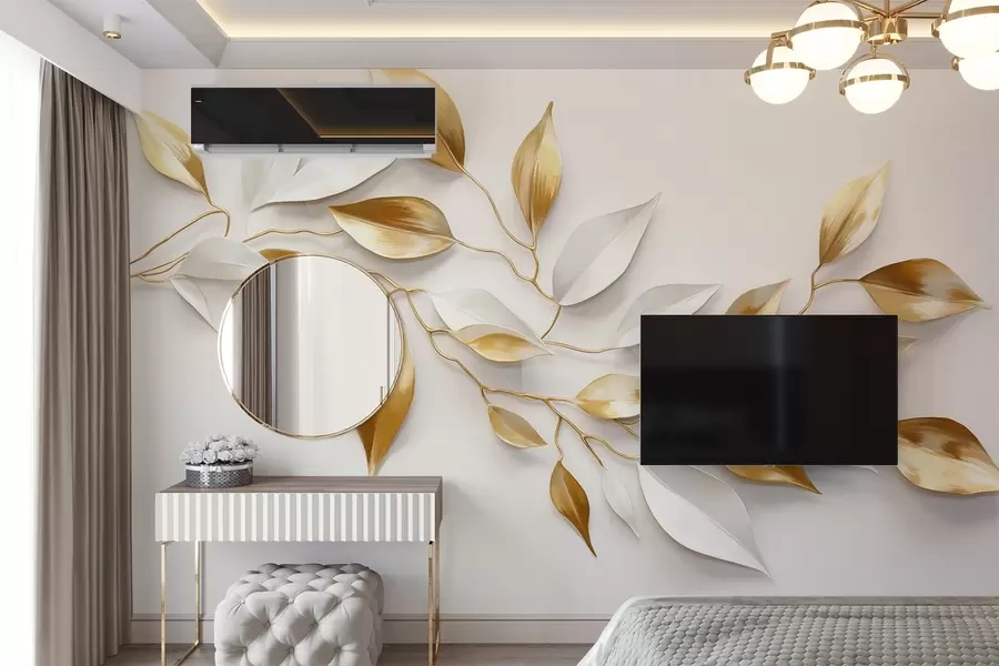 wall murals Жуто и бело лишће на грани, елегантан дизајн, бела позадина, минималистички стил, декоративна уметност, инспирисан природом w09015