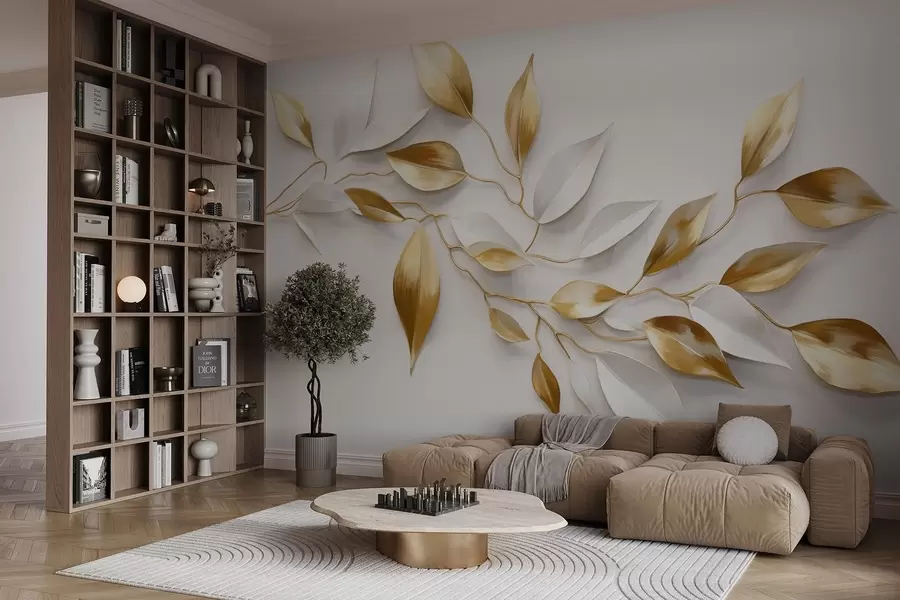 wall murals Жуто и бело лишће на грани, елегантан дизајн, бела позадина, минималистички стил, декоративна уметност, инспирисан природом w09015