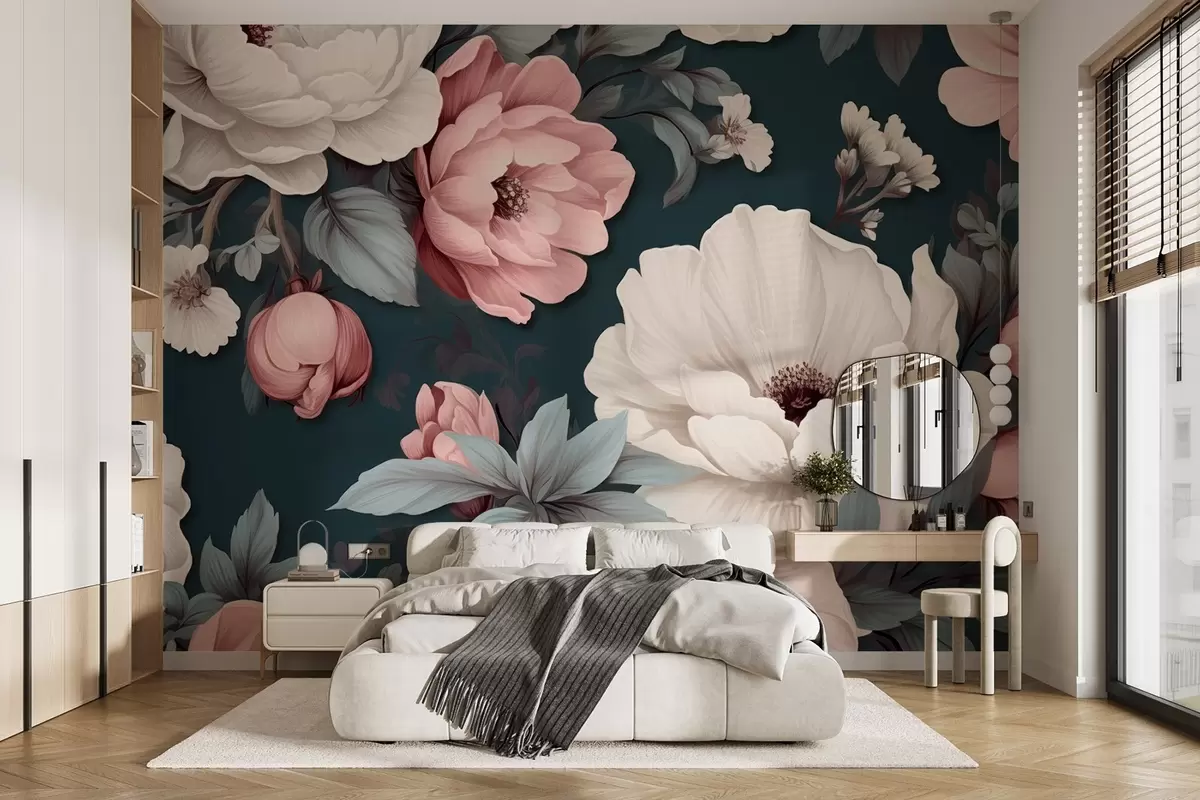 wall murals Бели и ружичасти божури на тамно плавој позадини w09017