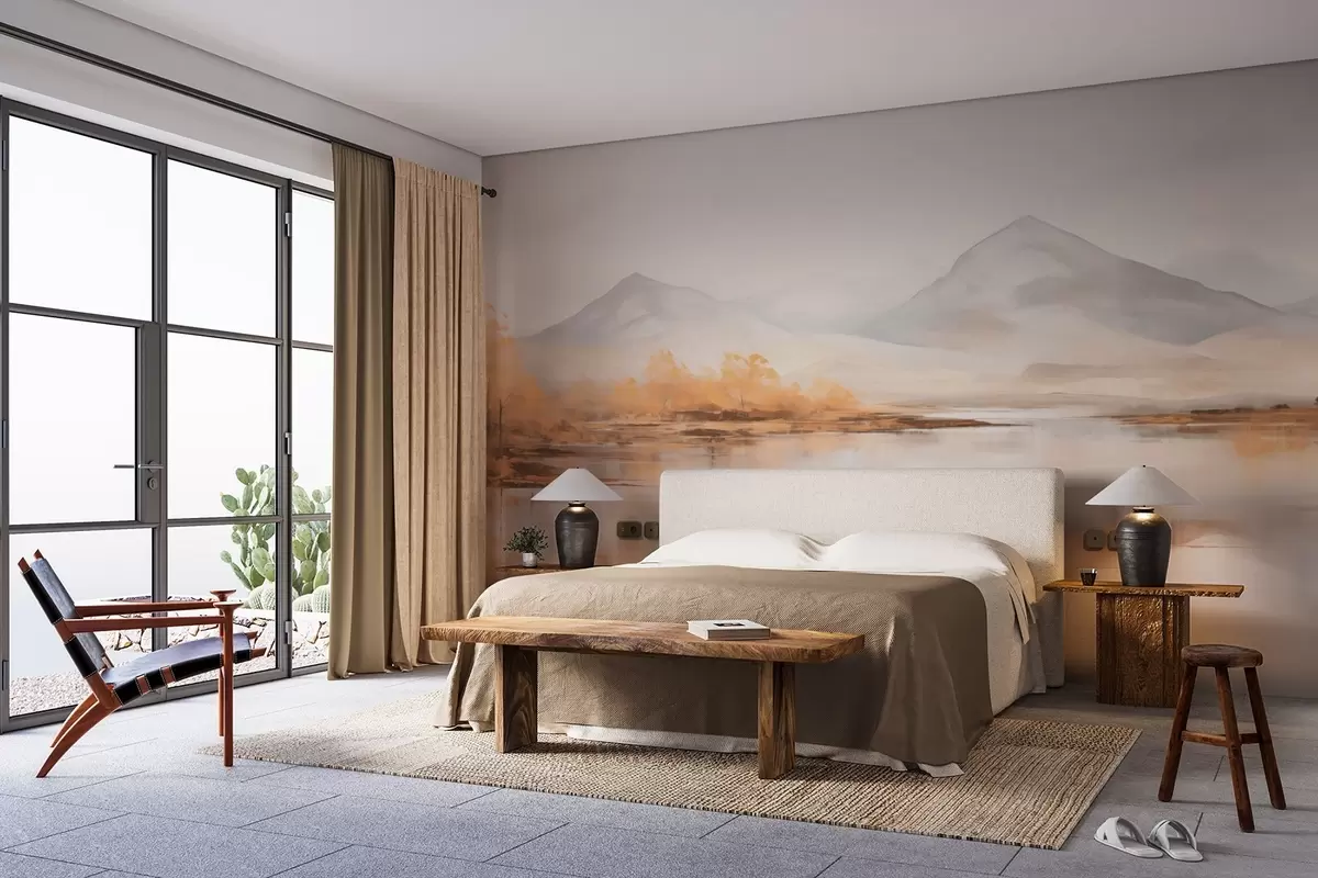wall murals Јесењи пејзаж са жутим дрвећем и реком на планинској позадини w09020