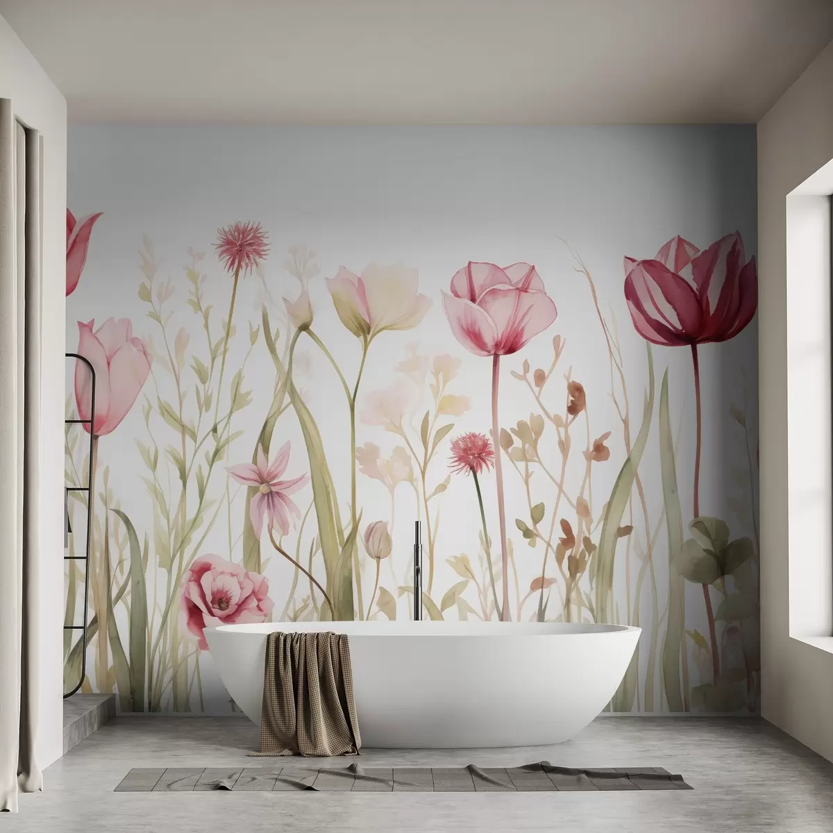 wall murals Мека ливаде, лале, цвеће, стабљике, лишће, дивље биљке w03785