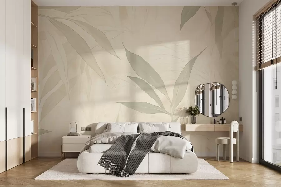 wall murals Гране са листовима у меким зеленим тоновима на беж позадини w09027