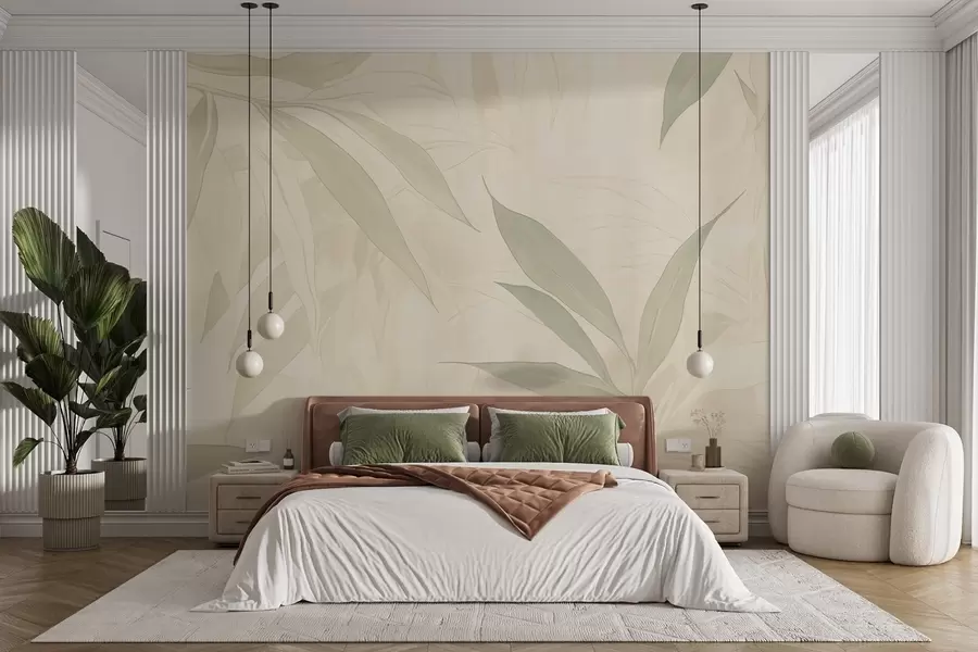 wall murals Гране са листовима у меким зеленим тоновима на беж позадини w09027