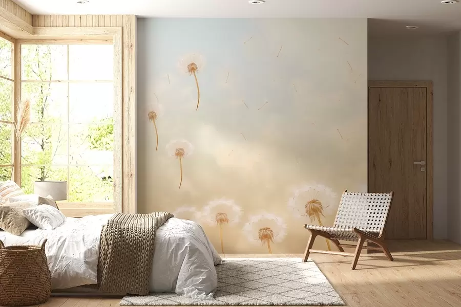 wall murals Ваздушни беж маслачак који дува на ветру против неба w09028