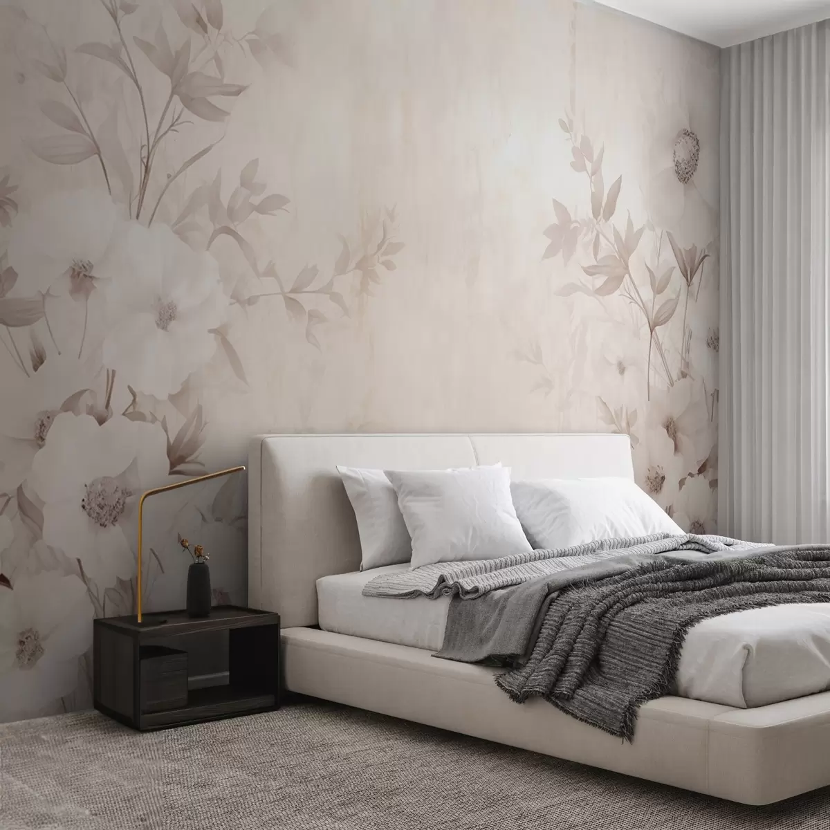 wall murals Цвеће са листовима у неутралним светлим тоновима у стилу акварела w09040