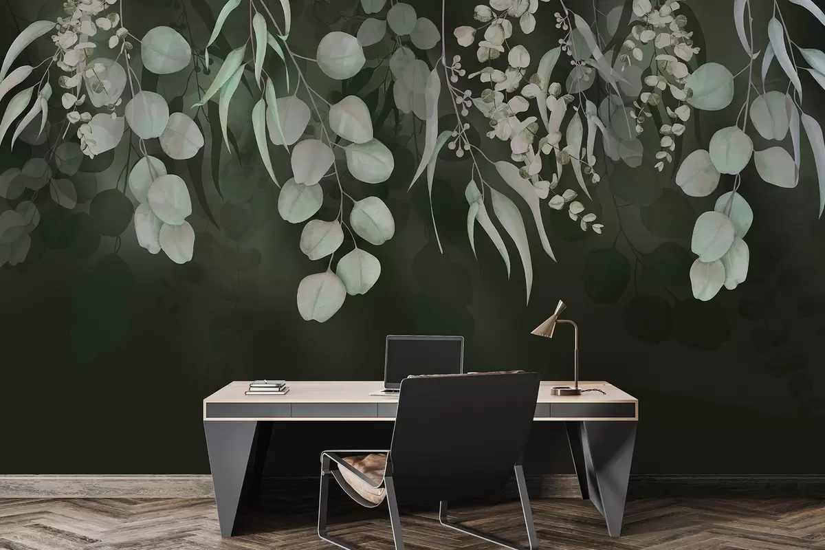 wall murals Тропско лишће на тамнозеленој позадини, цветно w03752