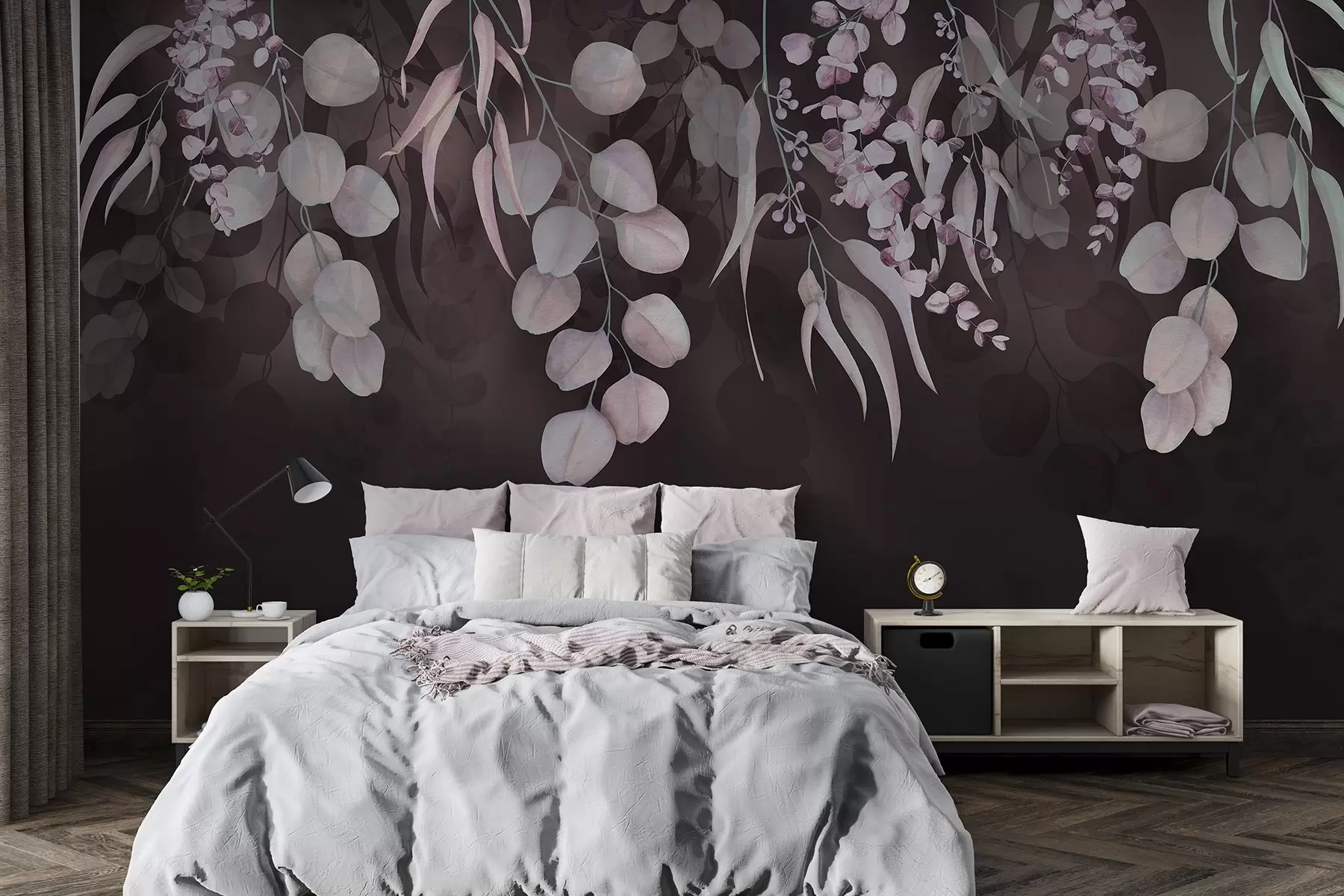 wall murals Тропско лишће на тамној бордо позадини, цветно w03752v1