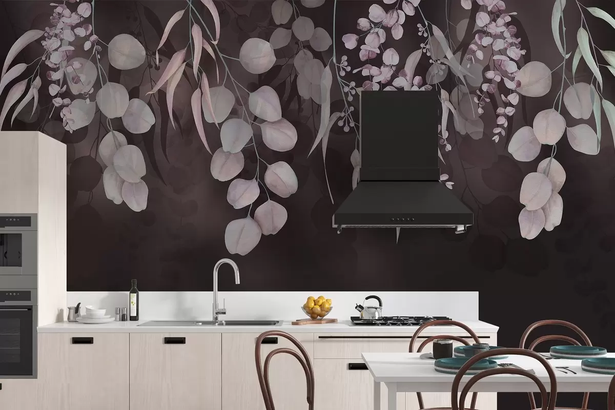 wall murals Тропско лишће на тамној бордо позадини, цветно w03752v1